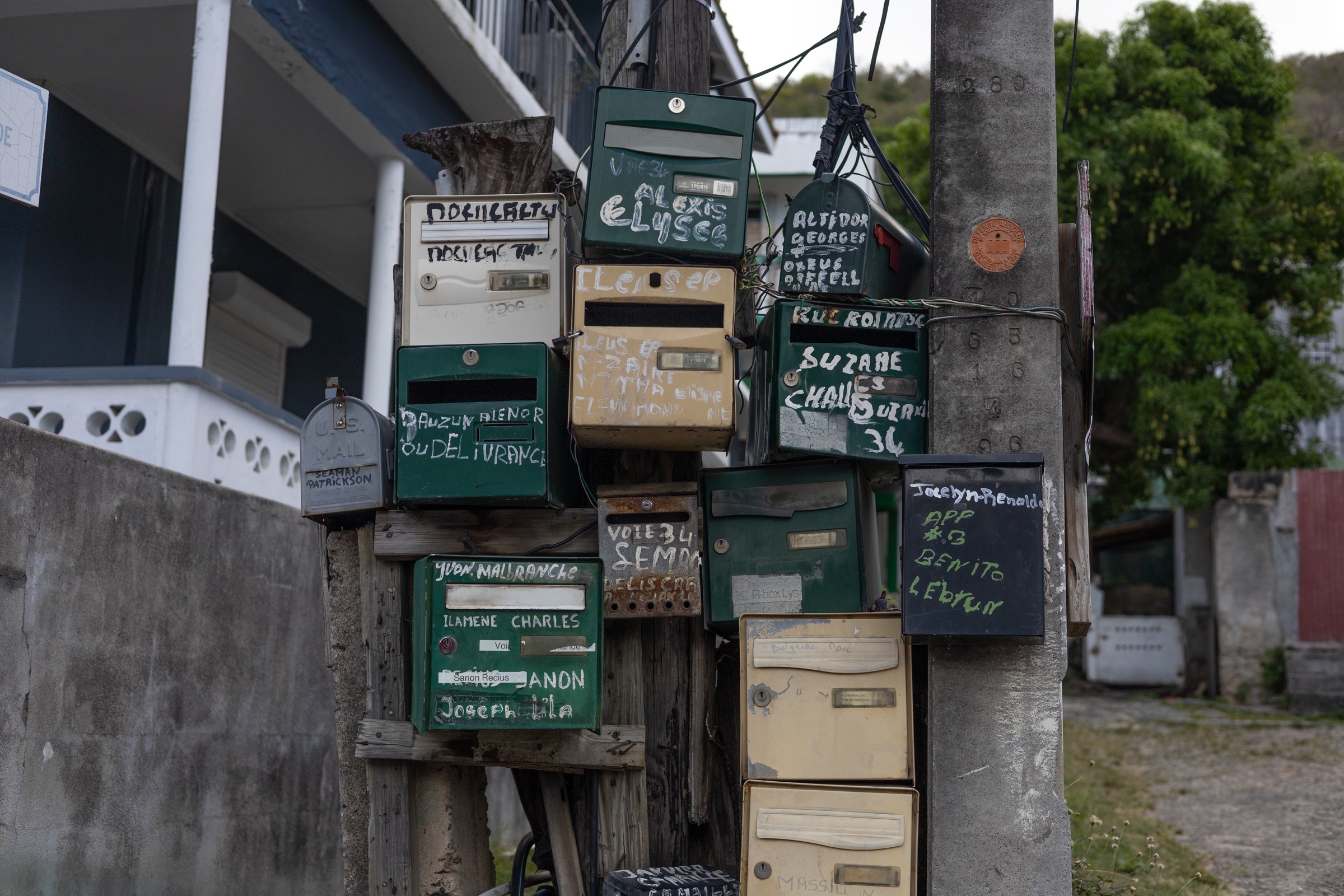 Improvised cluster of mailboxes in a residential neighbourhood of Saint-Martin